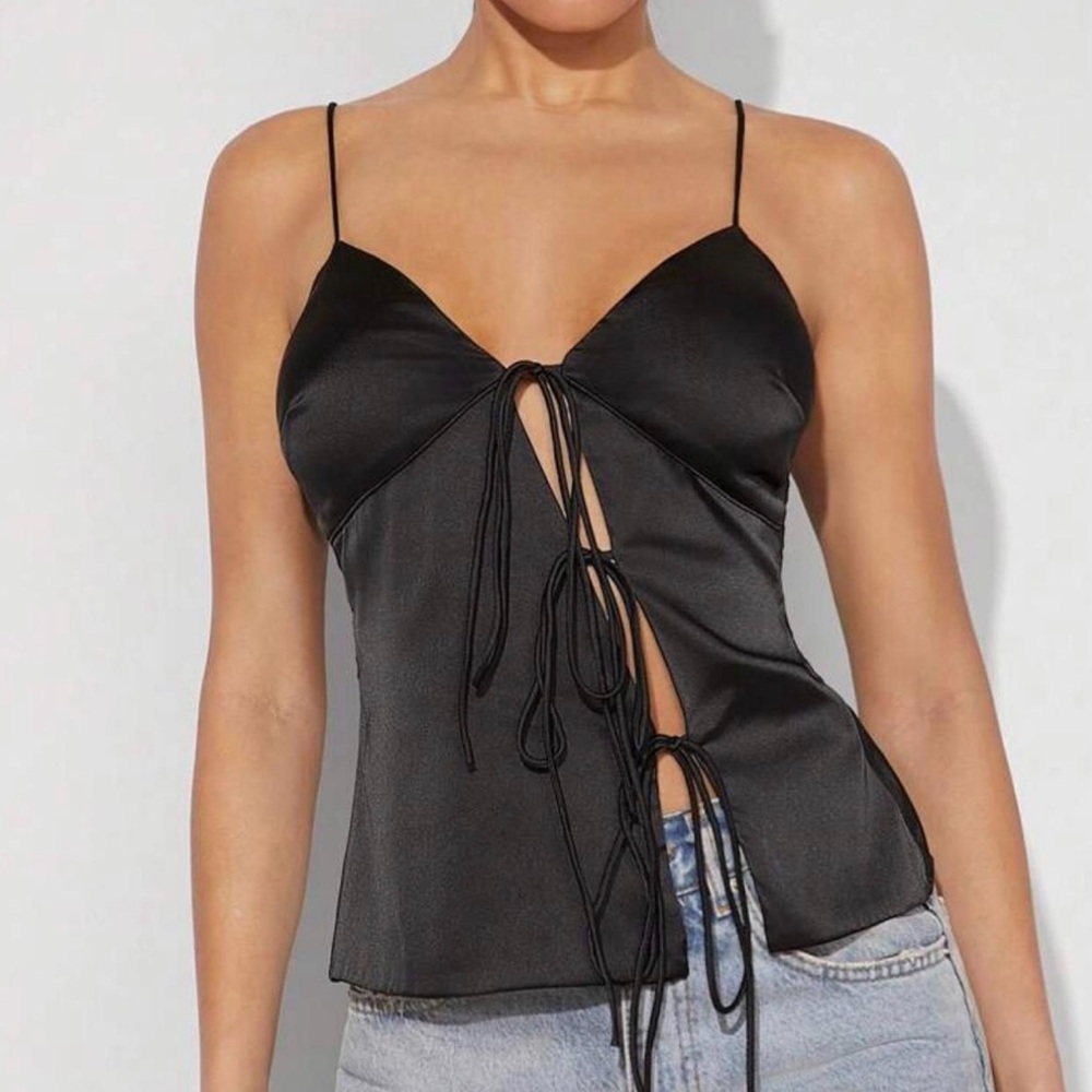 Black satin asymmetrical tie front cami top